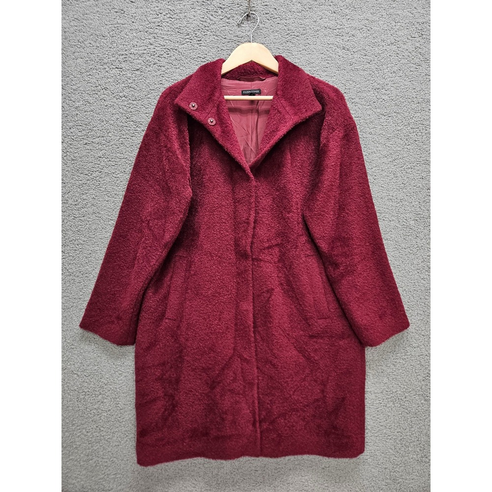 Eileen Fisher Wool Alpaca Boucle Coat XS Burgundy Wine Long Jacket